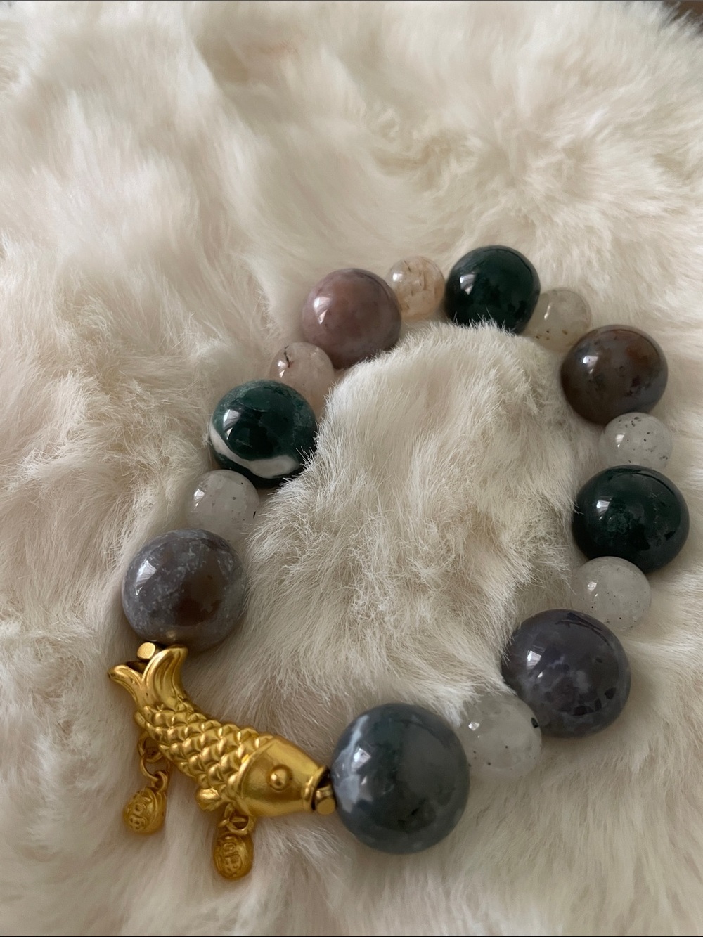 Gold Fish Charm Beaded Bracelet in Dark Green and Gray